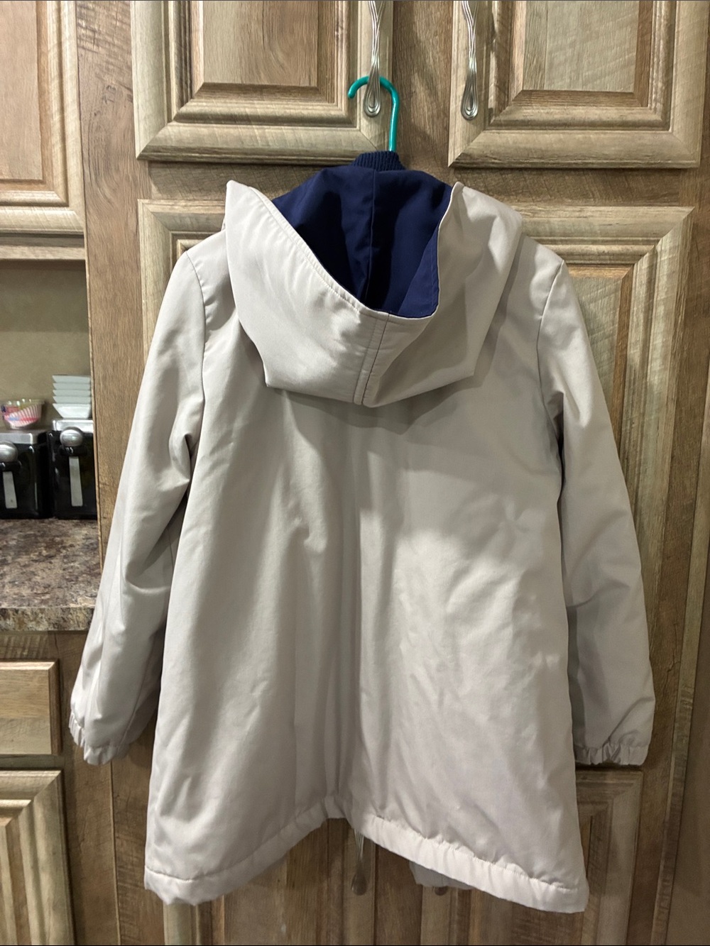 Light Gray Women's Ski Jacket with Navy Hood Lining